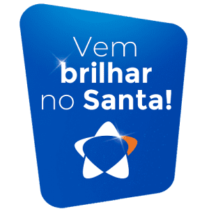 Figurinha do WhatsApp com a estrela do logo do Santa Marcelina e a mensagem 'vem brilhar no Santa', convidando para fazer parte da comunidade escolar.